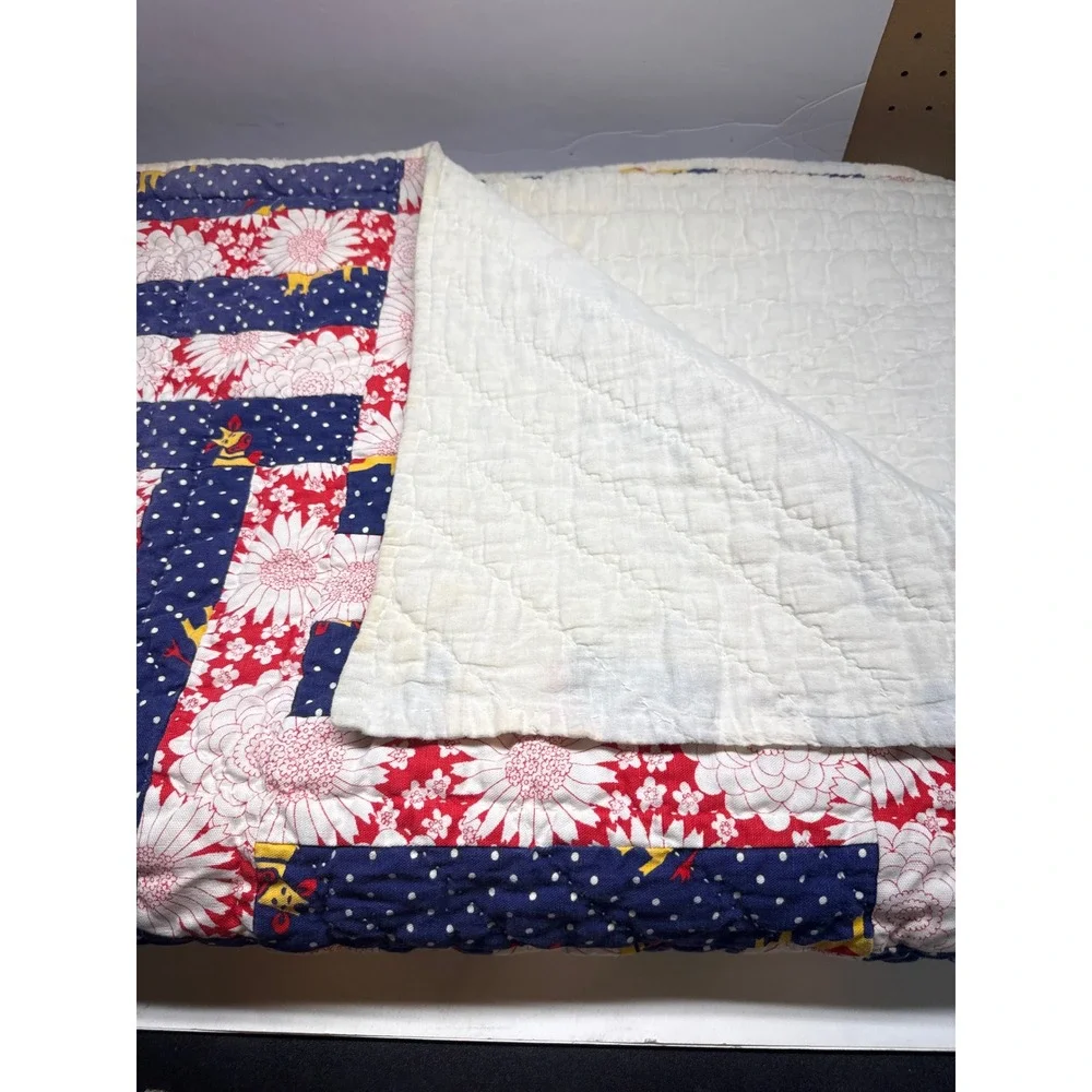 Vintage Handmade Patchwork Quilt Red White Blue Floral Giraffe Nursery Lap Throw